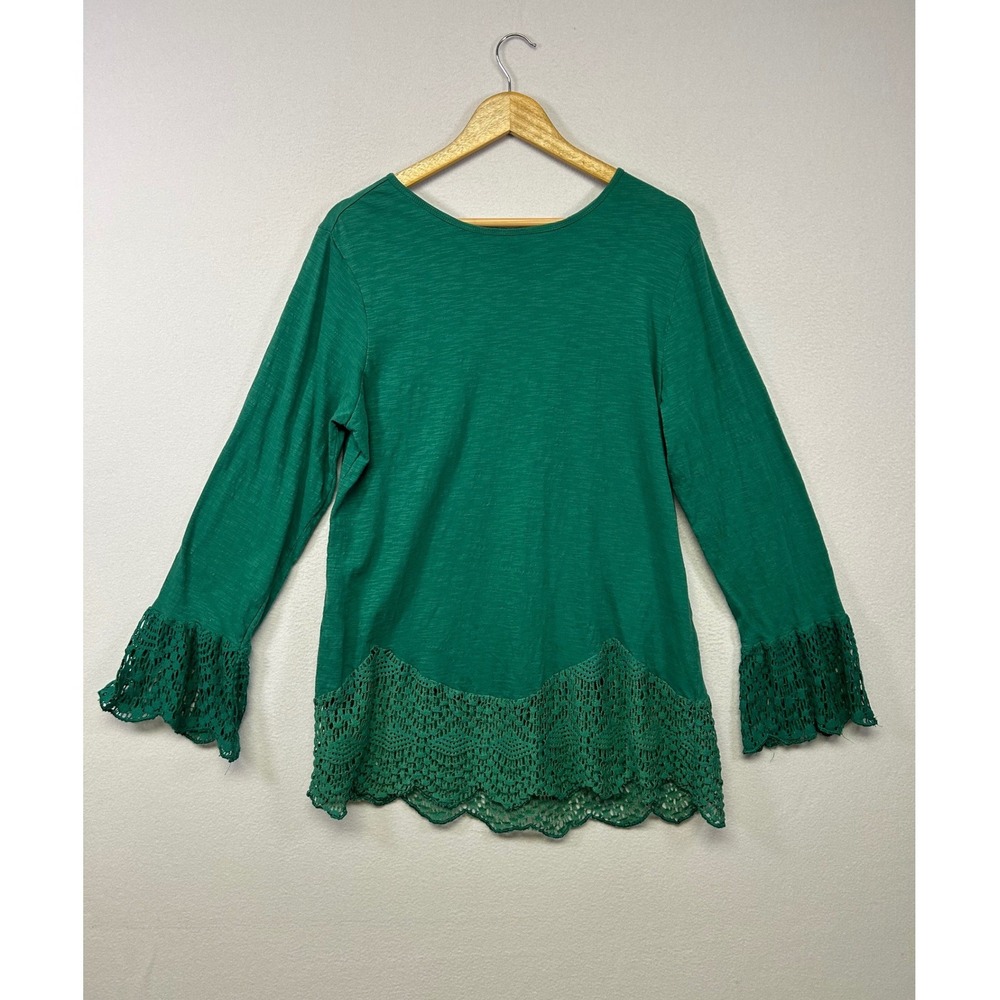 Boho Cottagecore Collections Etc Womens Large Green‎ Crochet Lace Slub Knit Top